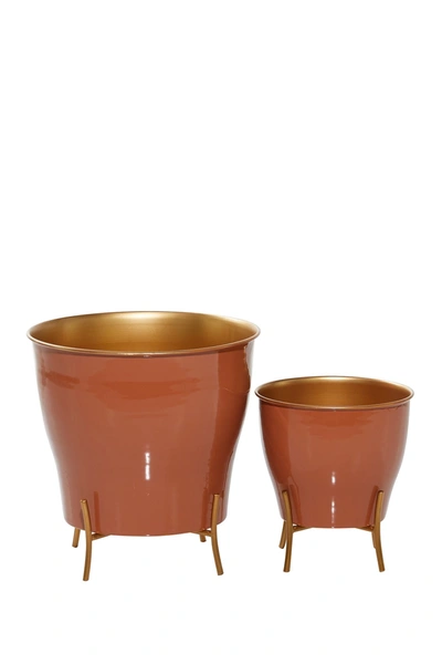 Venus Williams Round Orange Enamel Metal Planters With Gold Inlay And Stand