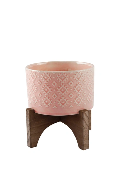 Flora Bunda 5" Geo Ceramic Planter On Wood Stand In Pink