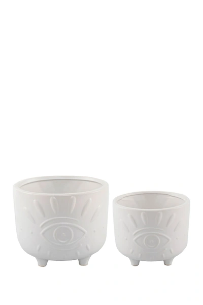 Flora Bunda Matte White 6" & 4.75" Evil Eye Ceramic Footed Planter- Set Of 2