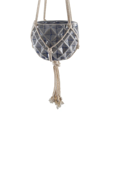 Flora Bunda 5 X 5" Ceramic Macramé Hanging Planter In Blue