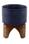 Flora Bunda 7in Mountain Ceramic Planter On Wood Stand In Matte Navy