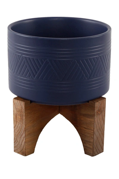 Flora Bunda 7in Mountain Ceramic Planter On Wood Stand In Navy