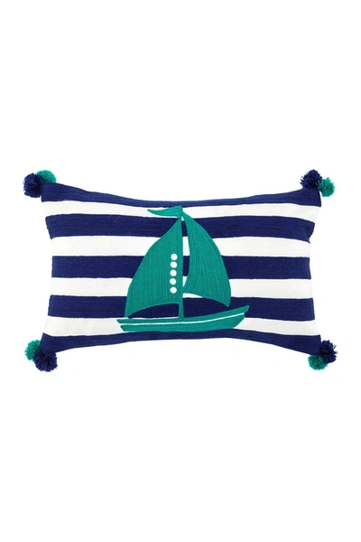 Divine Home Embroidered Sailboat Outdoor Pillow In Navy / Seafoam Green