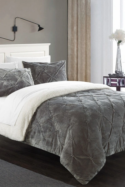 Chic Home Bedding King Aurelia Pinch Pleate Faux Shearling Lined Comforter Set In Grey