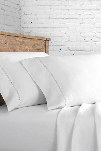 Melange White Queen Linen Ladder Hem Sheet 4-piece Set In White