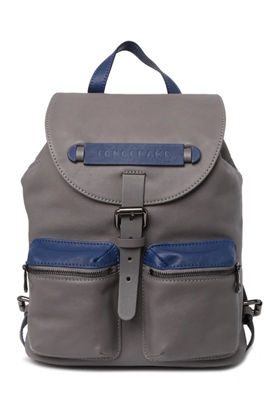 Longchamp Small Leather Flap Backpack In Grey/blue