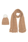 Steve Madden Cozy Marled Faux Fur Pompom Beanie & Cable Knit Scarf 2-piece Set In Camel