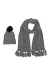 Steve Madden Cozy Marled Faux Fur Pompom Beanie & Cable Knit Scarf 2-piece Set In Black