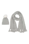 Steve Madden Cozy Marled Faux Fur Pompom Beanie & Cable Knit Scarf 2-piece Set In Grey
