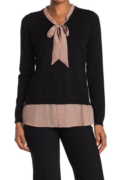 Adrianna Papell Long Sleeve V-neck Twofer Sweater In Blkwtpepnd