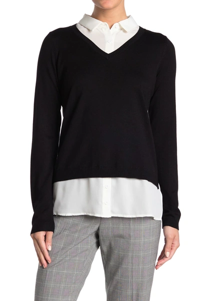 Adrianna Papell V-neck Twofer Sweater In Blckivry