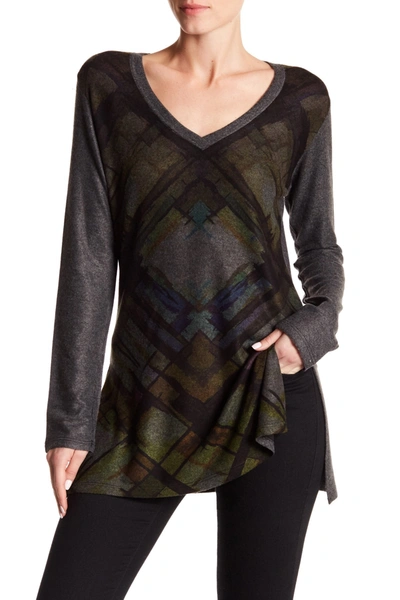Go Couture Printed V-neck Sweater In Charcoal Multi-colors