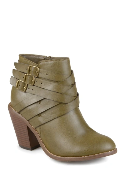 Journee Collection Women's Strap Round Toe Stacked Heel Dress Booties In Olive