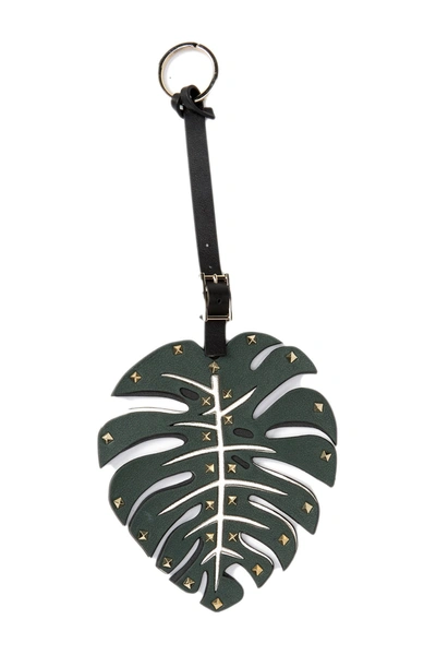 Valentino Garavani Leather Studded Leaf Keychain In Nero-dark Green