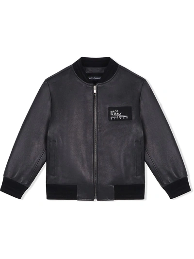 Dolce & Gabbana Kids' Lambskin Bomber Jacket With Logo Patch In Black