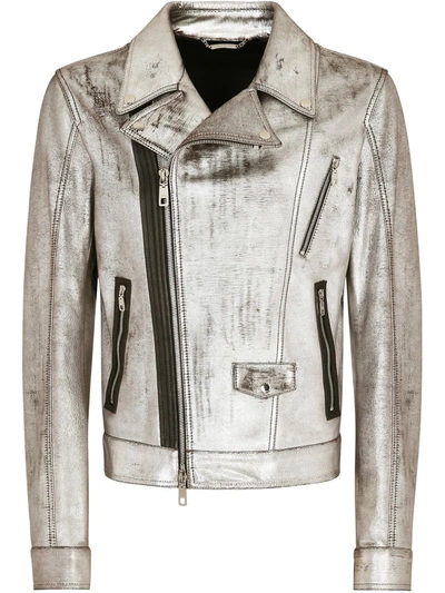 Dolce & Gabbana Metallic Leather Biker Jacket In Silver