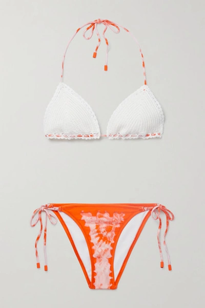 Zimmermann Lulu Crocheted Cotton And Tie-dyed Triangle Bikini In Orange