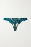 Fleur Du Mal Lily Velvet-trimmed Embroidered Stretch-tulle Thong In Turquoise