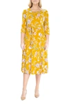 Nina Leonard Floral Scoop Neck Midi Dress In Mustard Mu
