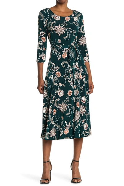 Nina Leonard Floral Scoop Neck Midi Dress In Teal/rust