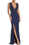 Dress The Population Sandra Plunge Crepe Trumpet Gown In Midnight Blue