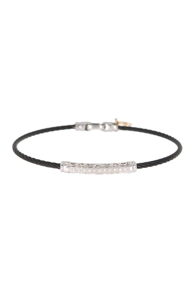 Alor ® 18k White Gold & Black Stainless Steel Cable Pave Bar Station Bangle Bracelet