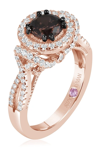 Suzy Levian 14k Rose Gold Plated Sterling Silver Two-tone Chocolate & White Cz Ring In Brown