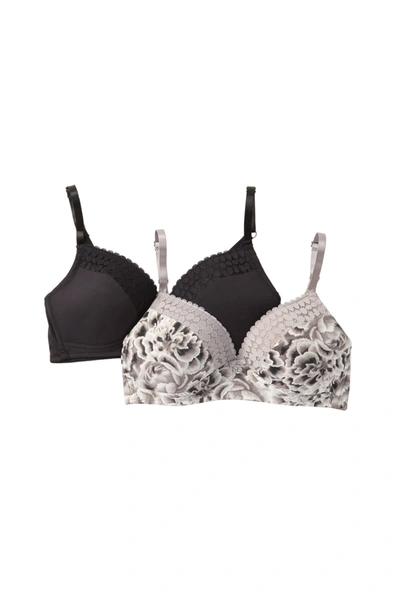 Jessica Simpson Brushed Lace Trim Underwire Bra In Opal Grey Print Solid Black