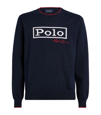 Polo Ralph Lauren Logo-intarsia Contrast-tipped Cotton Sweater In Blue