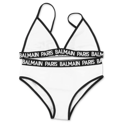Balmain Kids' Logo Band Triangle Bikini In White