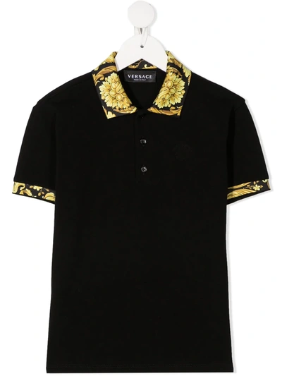 Young Versace Kids' Barocco-trim Polo Shirt In Black