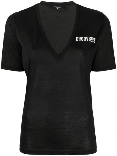 Dsquared2 Logo Print V-neck T-shirt In Black