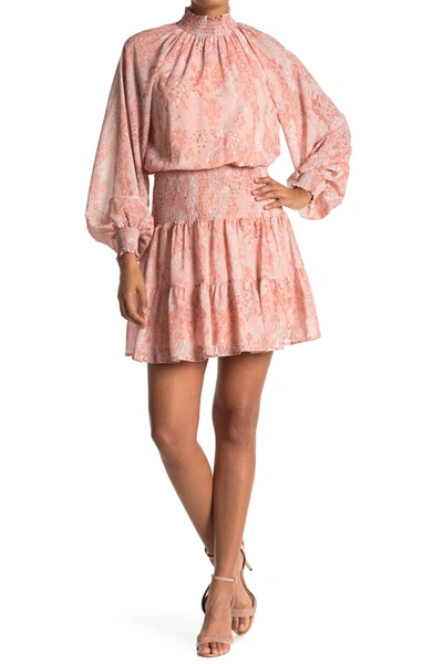 A.calin Mock Neck Balloon Sleeve Smocked Mini Dress In Mauve