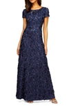 Alex Evenings Rosette Lace Short Sleeve A-line Gown In Navy