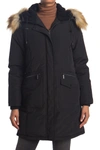 French Connection Faux Fur Trim Hooded Flap Pocket Down Jacket In Black