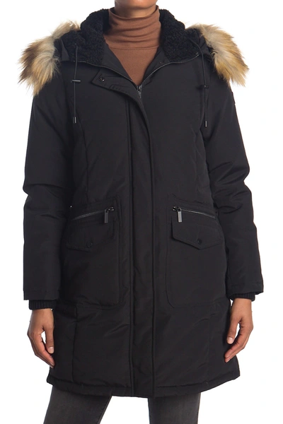 French Connection Faux Fur Trim Hooded Flap Pocket Down Jacket In Black