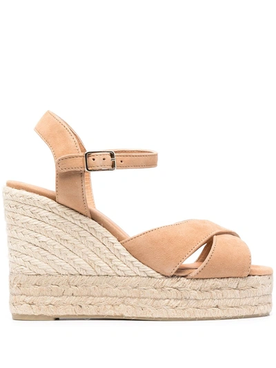 Castaã±er Open-toe Wedge-heels With Ankle Straps In Neutrals