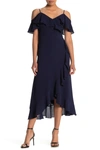 London Times Cold Shoulder Ruffle Maxi Dress In Navy