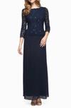 Alex Evenings Sequin Lace & Chiffon Gown In Navy