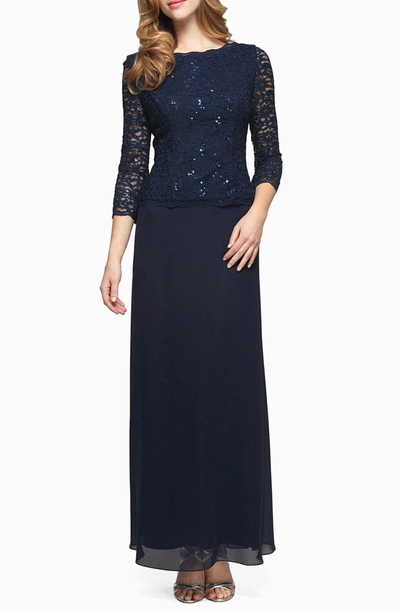 Alex Evenings Sequin Lace & Chiffon Gown In Navy