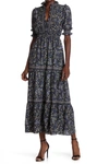 Max Studio Elbow Length Sleeve Print Tiered Maxi Dress In Nvymimfb