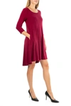 Nina Leonard 3/4 Sleeve Stretch Knit Swing Dress In Crimson