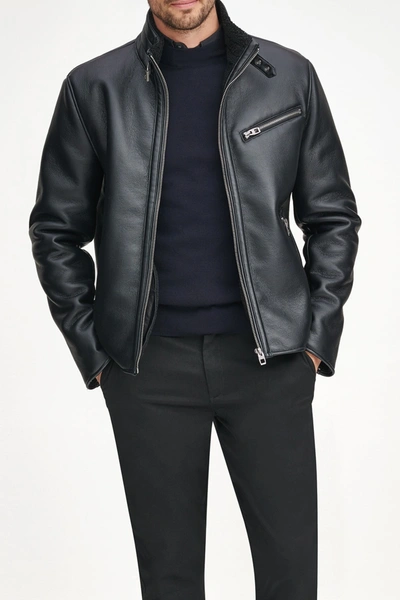 Andrew Marc Maxton Faux Leather & Faux Shearling Collar Moto Jacket In Black