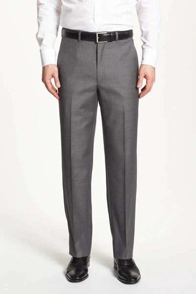 Santorelli Luxury Flat Front Wool Trousers In Mid Grey