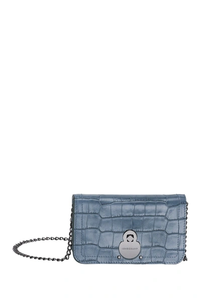 Longchamp Cavalcade Croc Embossed Crossbody Wallet In Cloud Blue