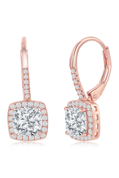 Simona Jewelry 14k Rose Gold Plated Sterling Silver Princess-cut Cz Halo Drop Earrings