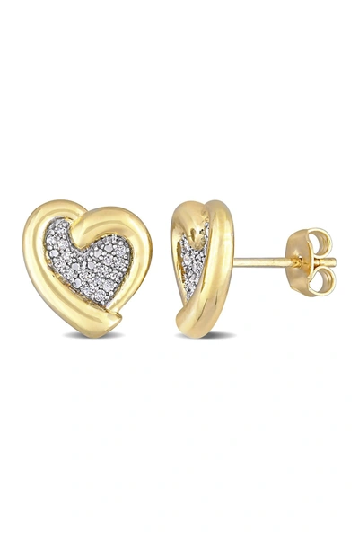 Delmar Yellow Plated Sterling Silver Pave Diamond Accent Heart Stud Earrings In Gold