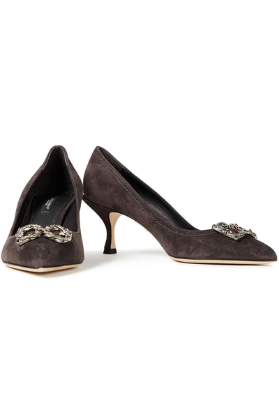 Dolce & Gabbana Black Suede Crystal Heels Pointy Pumps In Brown
