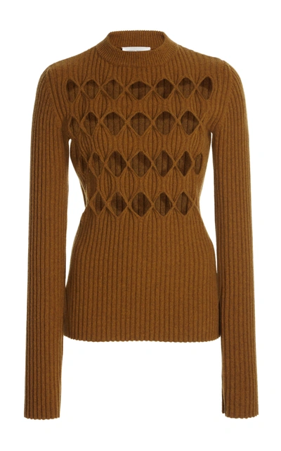 Victoria Beckham Argyle-cutout Ribbed-knit Wool-blend Sweater In Gold