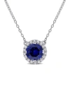 Delmar Sterling Silver Lab Created Blue Sapphire & Lab Created White Sapphire Halo Pendant Necklace In Blue